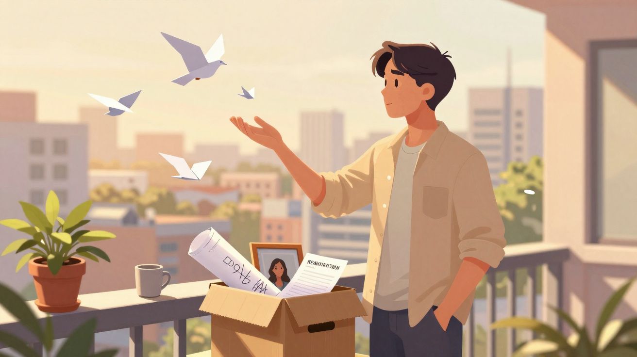 Jovem num terraço a libertar pombos de papel, com caixa de mudança e documentos à sua frente.