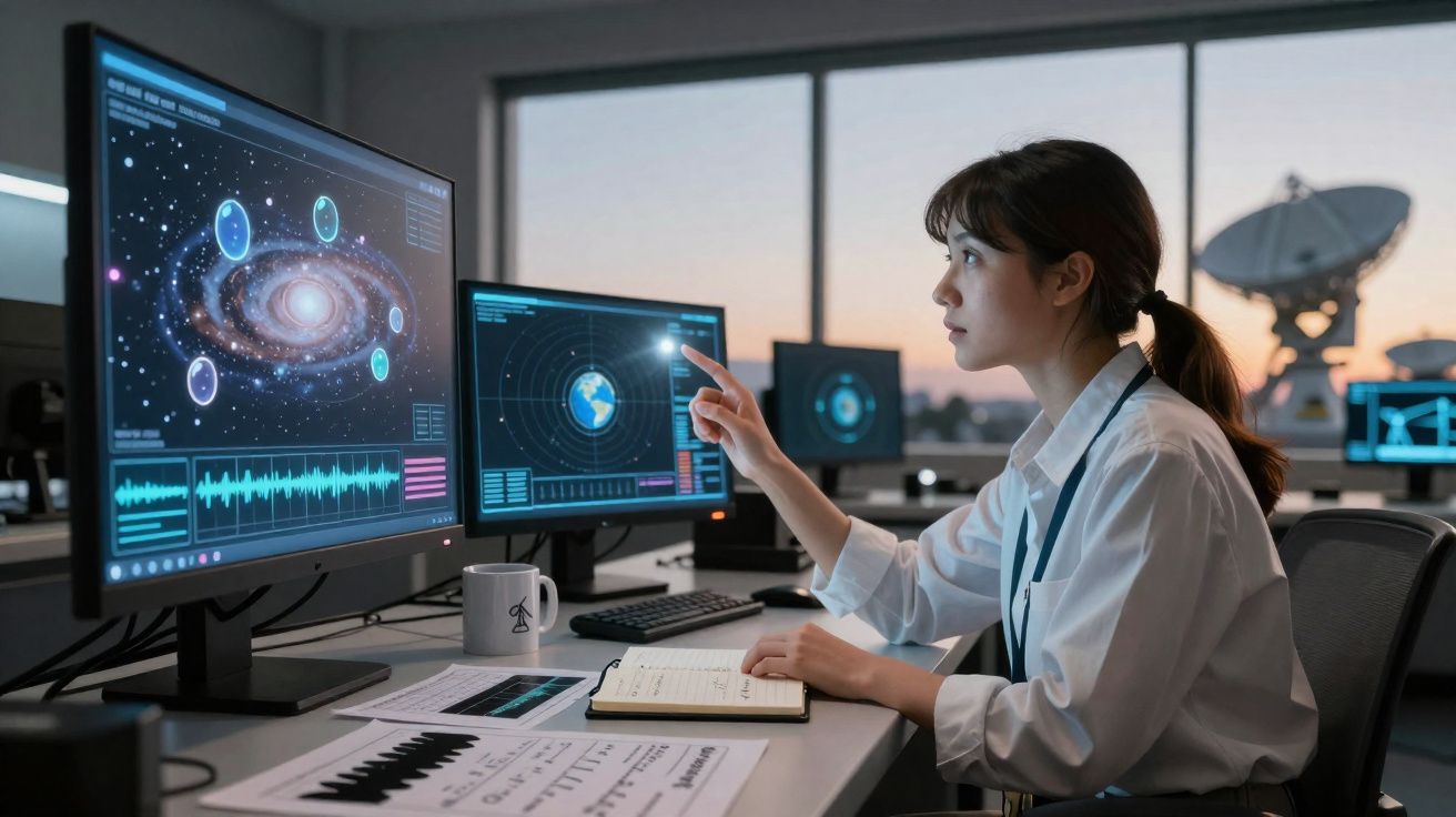 Mulher a analisar dados espaciais em monitores digitais numa sala de controlo ao entardecer.