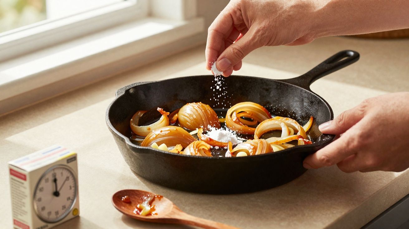 Mãos temperam cebolas cortadas numa frigideira de ferro fundido junto a uma janela iluminada.