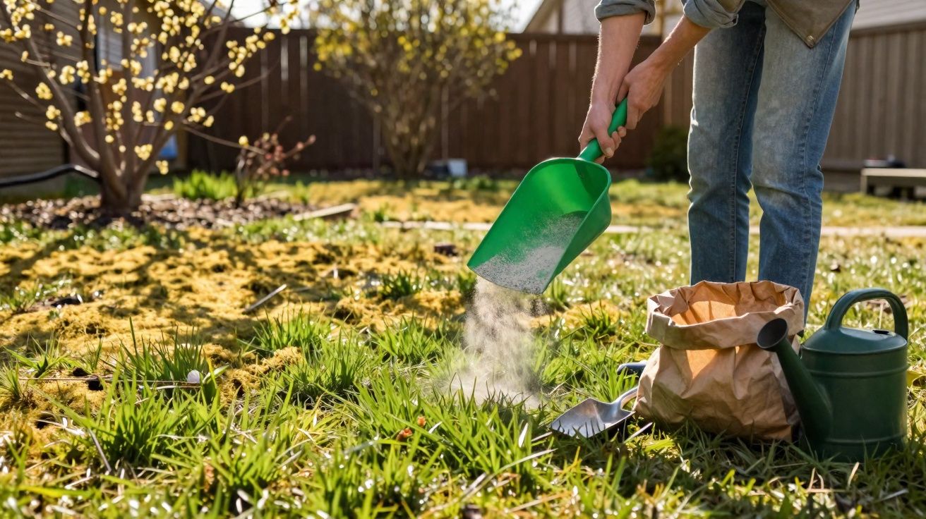 Pessoa a espalhar fertilizante no relvado de um jardim com regador e equipamentos de jardinagem ao lado.