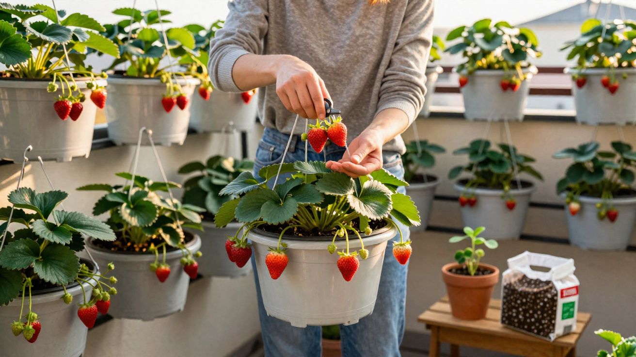 Pessoa a colher morangos maduros de vasos suspensos numa varanda iluminada pelo sol.