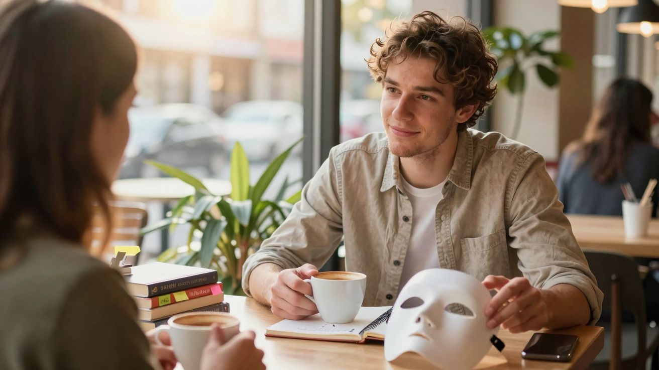 Jovem a conversar num café, segurando uma máscara branca e uma chávena de café sobre a mesa.