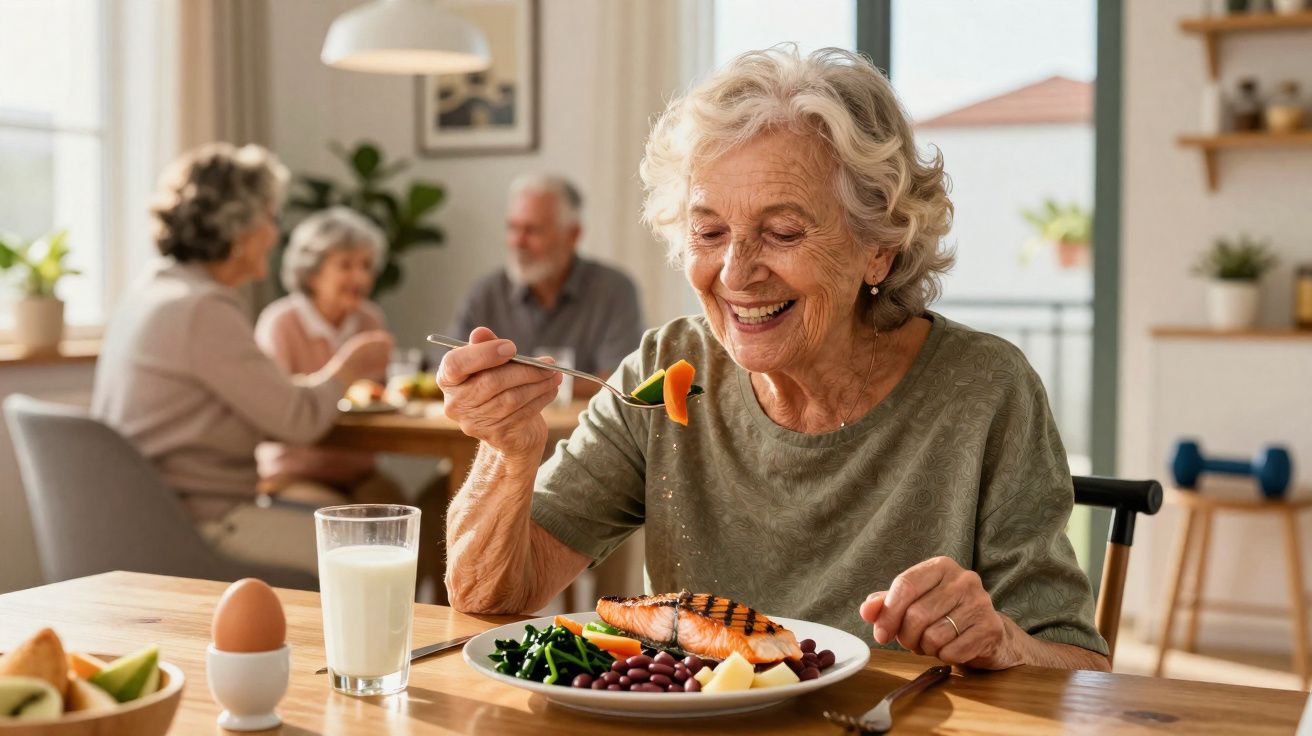 Idosa a sorrir enquanto come uma refeição saudável numa mesa com outras pessoas ao fundo.