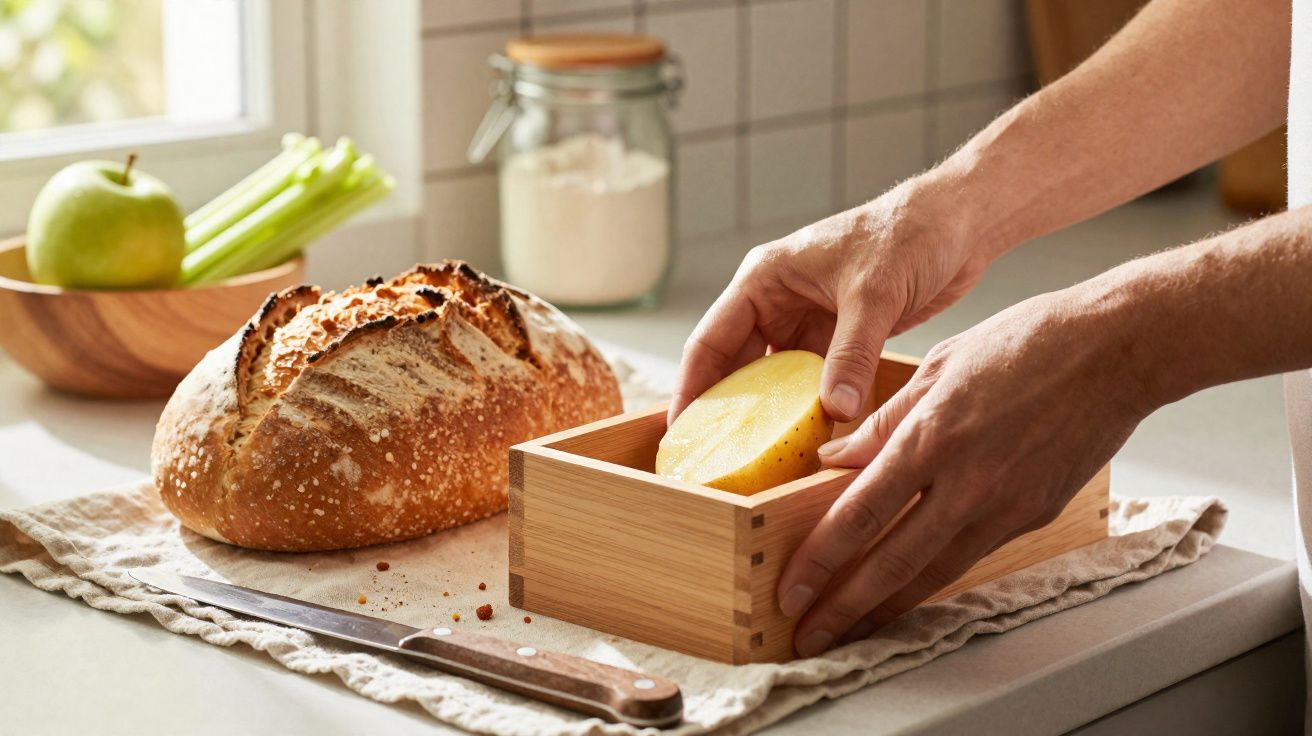 Pão fresco, maçã, aipo e mãos a colocar batata dentro de caixa de madeira na cozinha.