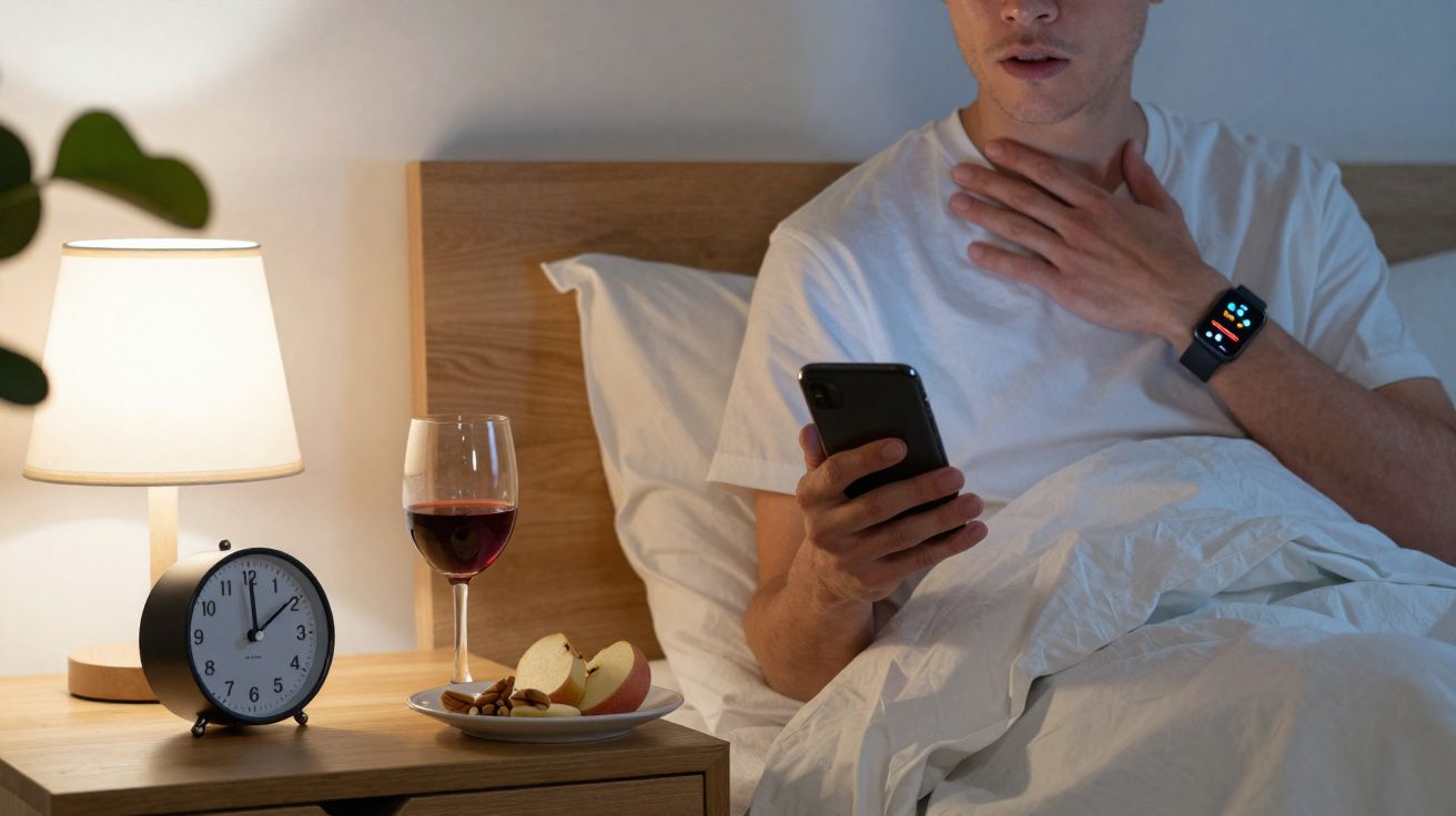 Homem na cama com smartphone, relógio mostra 23h, mesa de cabeceira com abajur, copo de vinho e prato com fruta.