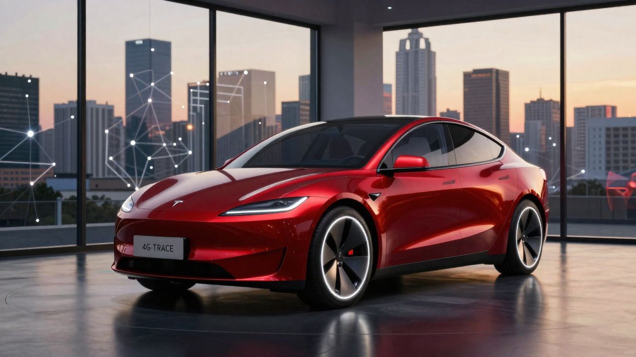 Carro elétrico vermelho Tesla Model 3 em exposição com janela mostrando cidade ao pôr do sol.