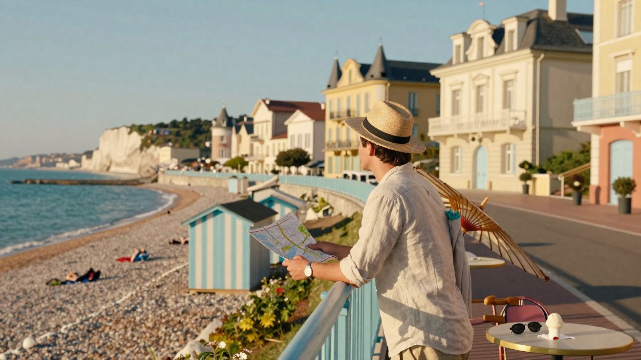 Homem de chapéu com mapa na mão observa a praia e casas coloridas numa vila costeira ao pôr do sol.