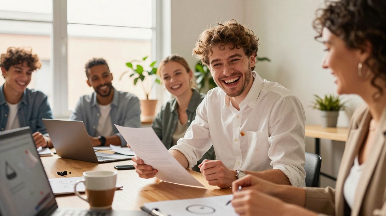Grupo de jovens profissionais a sorrir durante reunião numa sala de escritório iluminada.
