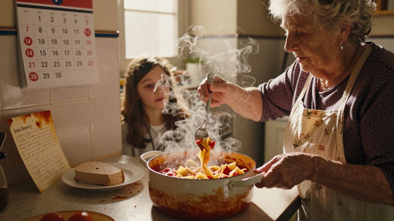 Idosa a cozinhar massa com molho numa panela enquanto uma criança observa na cozinha iluminada.
