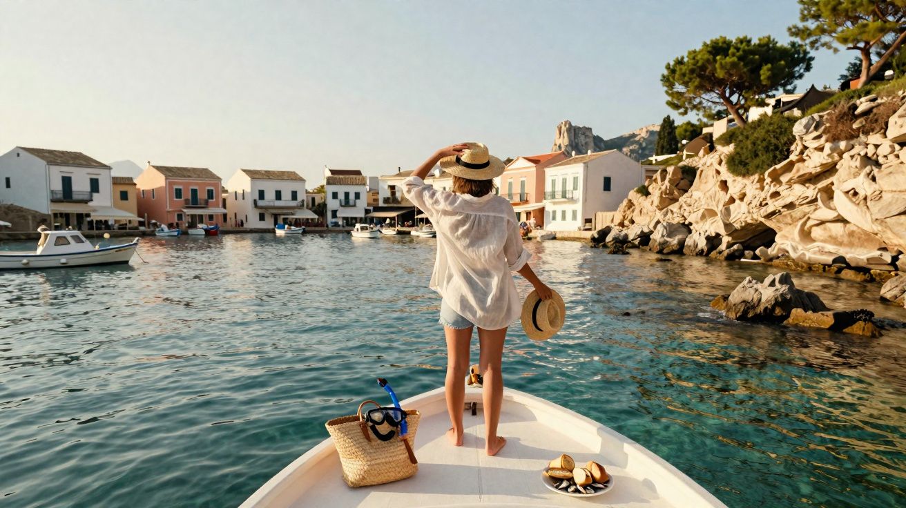 Mulher de chapéu e roupa leve no convés de barco, perto de casas coloridas à beira-mar em dia ensolarado.