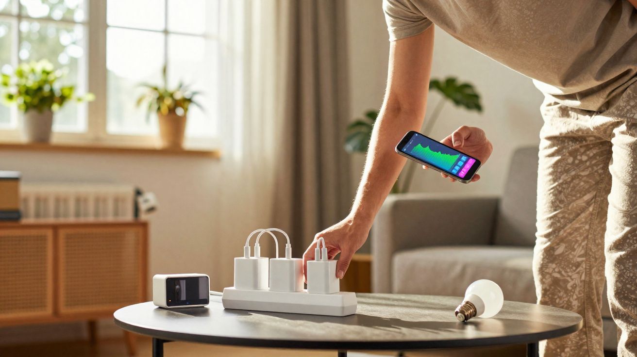 Pessoa a utilizar comando por voz via smartphone para acender lâmpada numa sala iluminada natural.