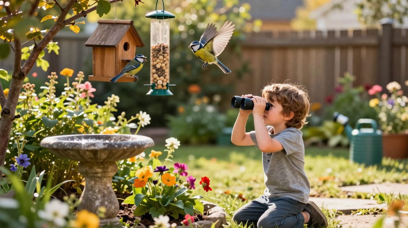 Criança sentada no jardim a observar pássaros com binóculos perto de comedouro e flores coloridas.