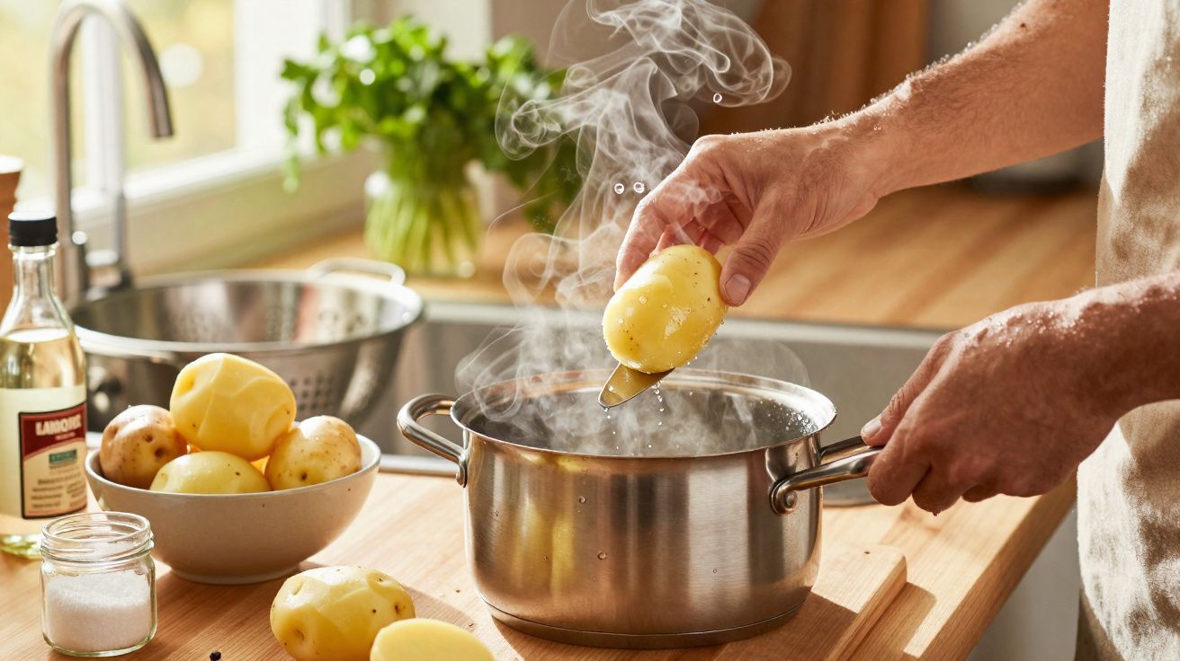 Pessoa a cozer batatas num tacho com vapor numa cozinha bem iluminada.