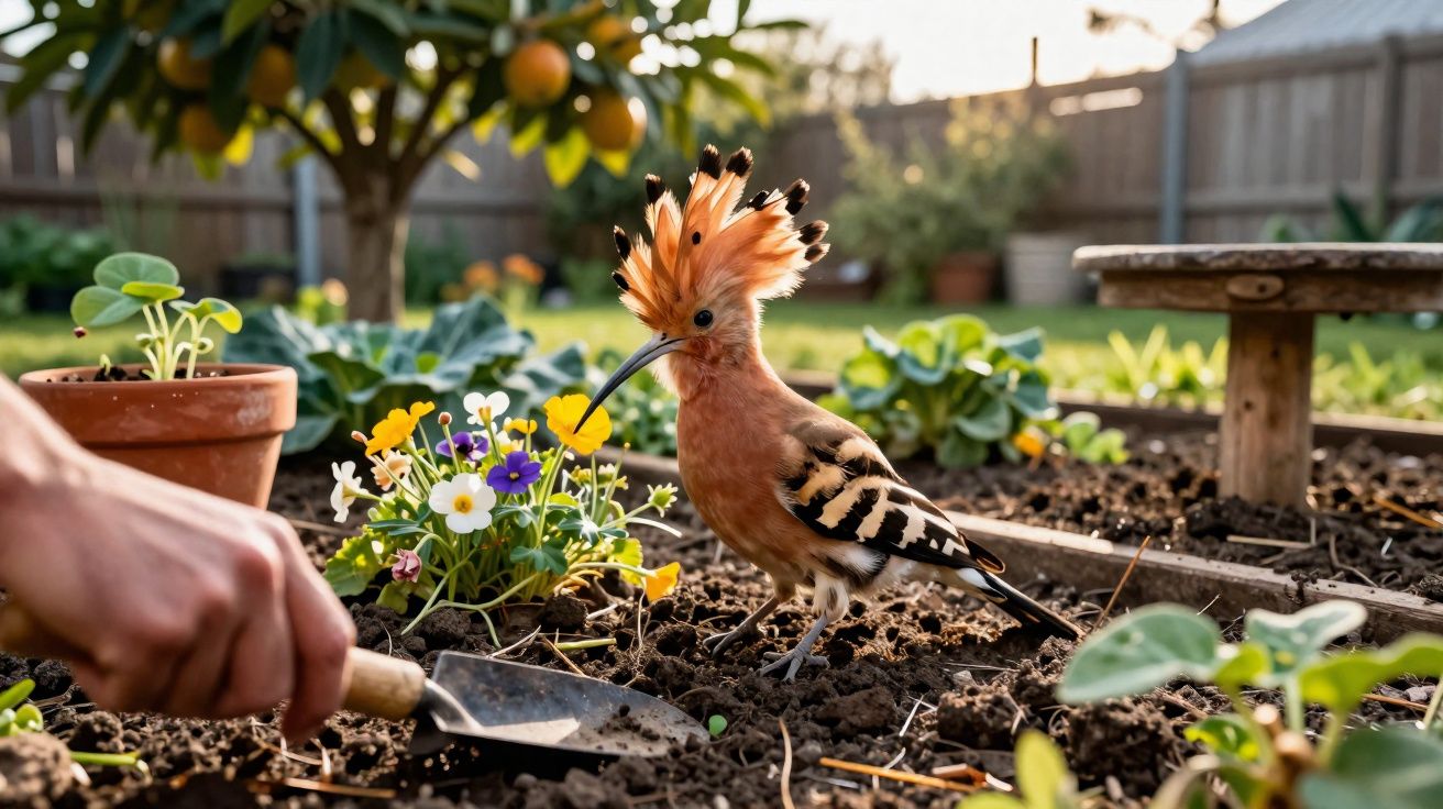 Pássaro chapim-laranja no jardim perto de flores e mão a cavar terra com pá metálica.