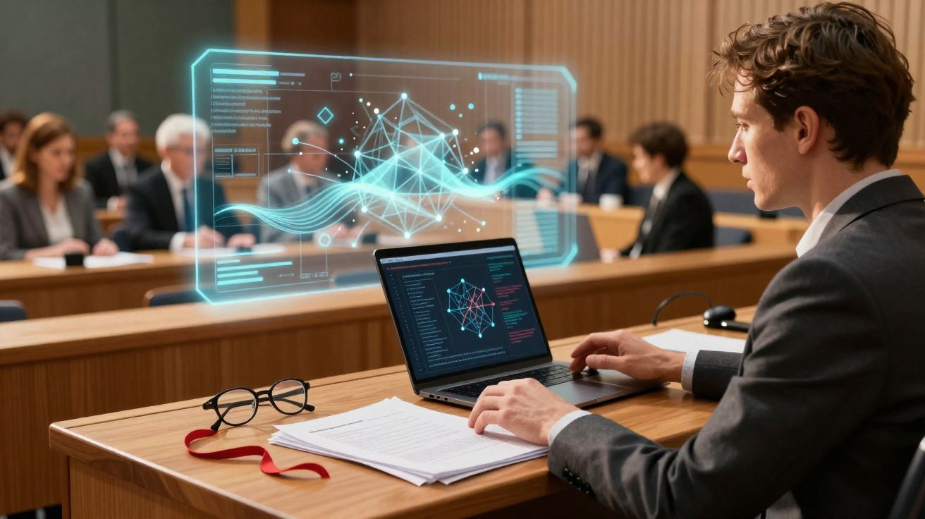 Homem em fato sentado numa sala de julgamento com laptop, óculos e documentos à frente, projetando gráficos digitais.