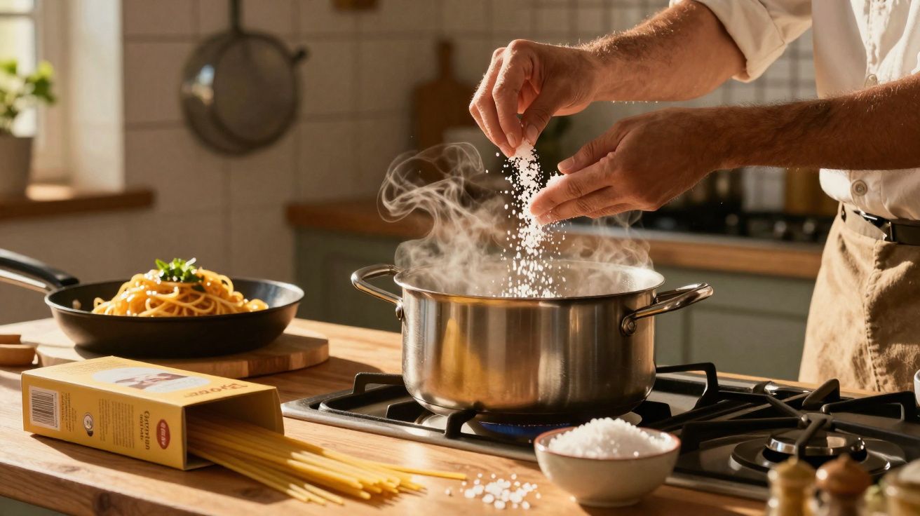Mãos a temperar sal numa panela a ferver no fogão, com esparguete e prato de massa ao fundo.