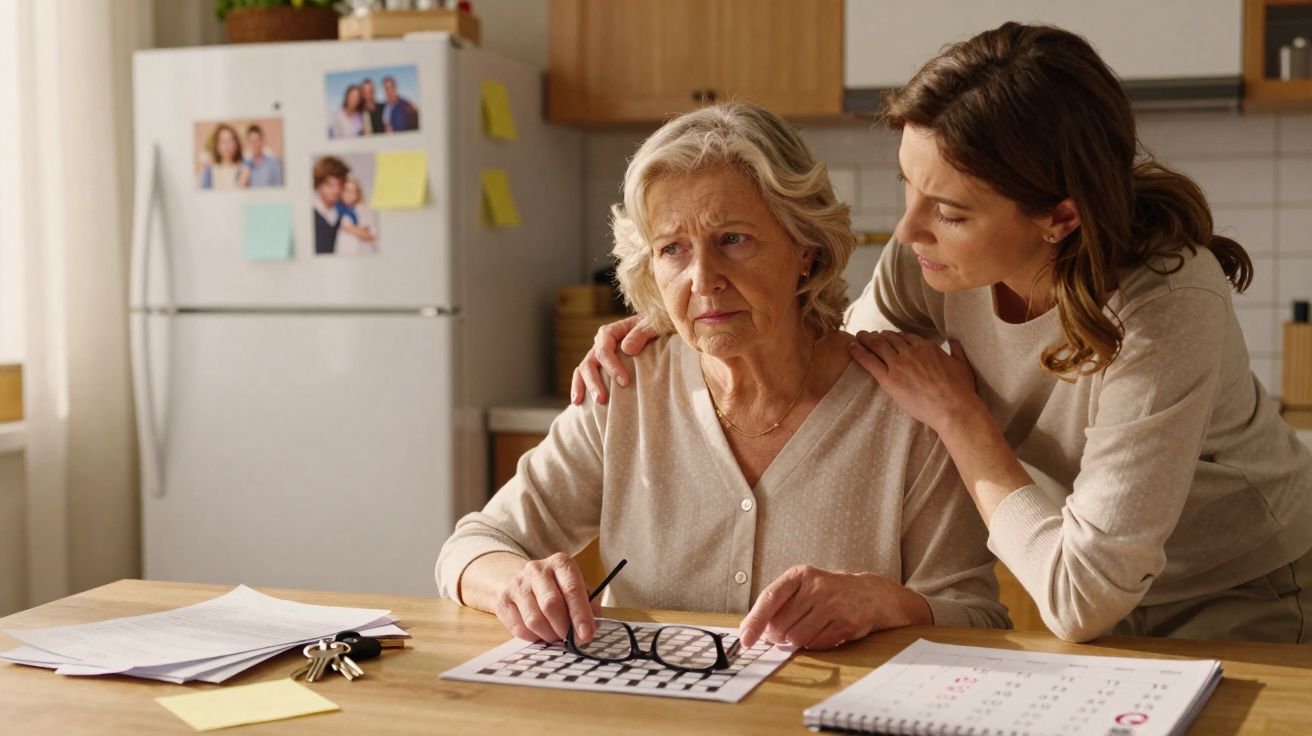Mulher mais jovem conforta mulher idosa preocupada sentada à mesa com documentos e calendário.