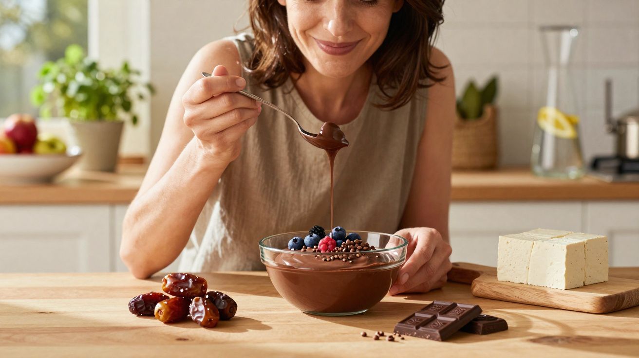 Mulher a saborear tigela de chocolate com frutos vermelhos, tâmaras e chocolate em tabela na mesa.
