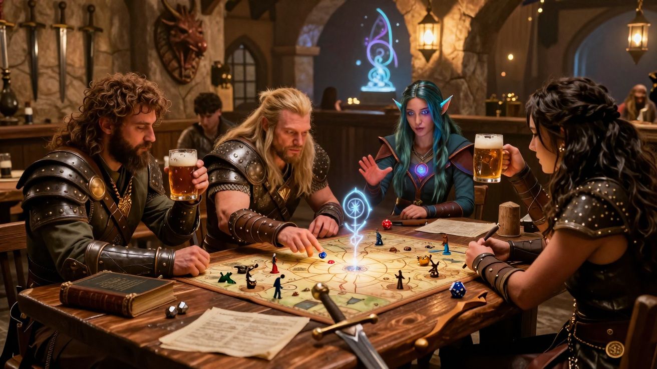 Grupo de fantasia joga RPG numa taverna, com mapa, dados e efeitos mágicos holográficos na mesa.