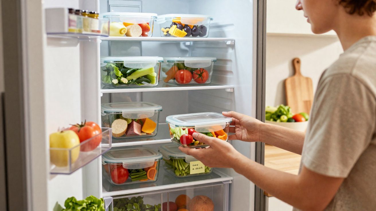 Pessoa a guardar recipientes de plástico com legumes frescos numa geladeira aberta numa cozinha moderna.