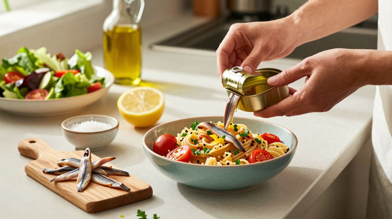Pessoa a colocar azeite e anchovas num prato de massa com tomate cherry e ervas numa cozinha.