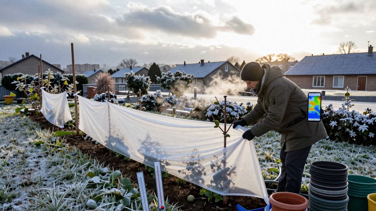 Pessoa a proteger plantas com tecido num jardim coberto de geada numa manhã fria de inverno.