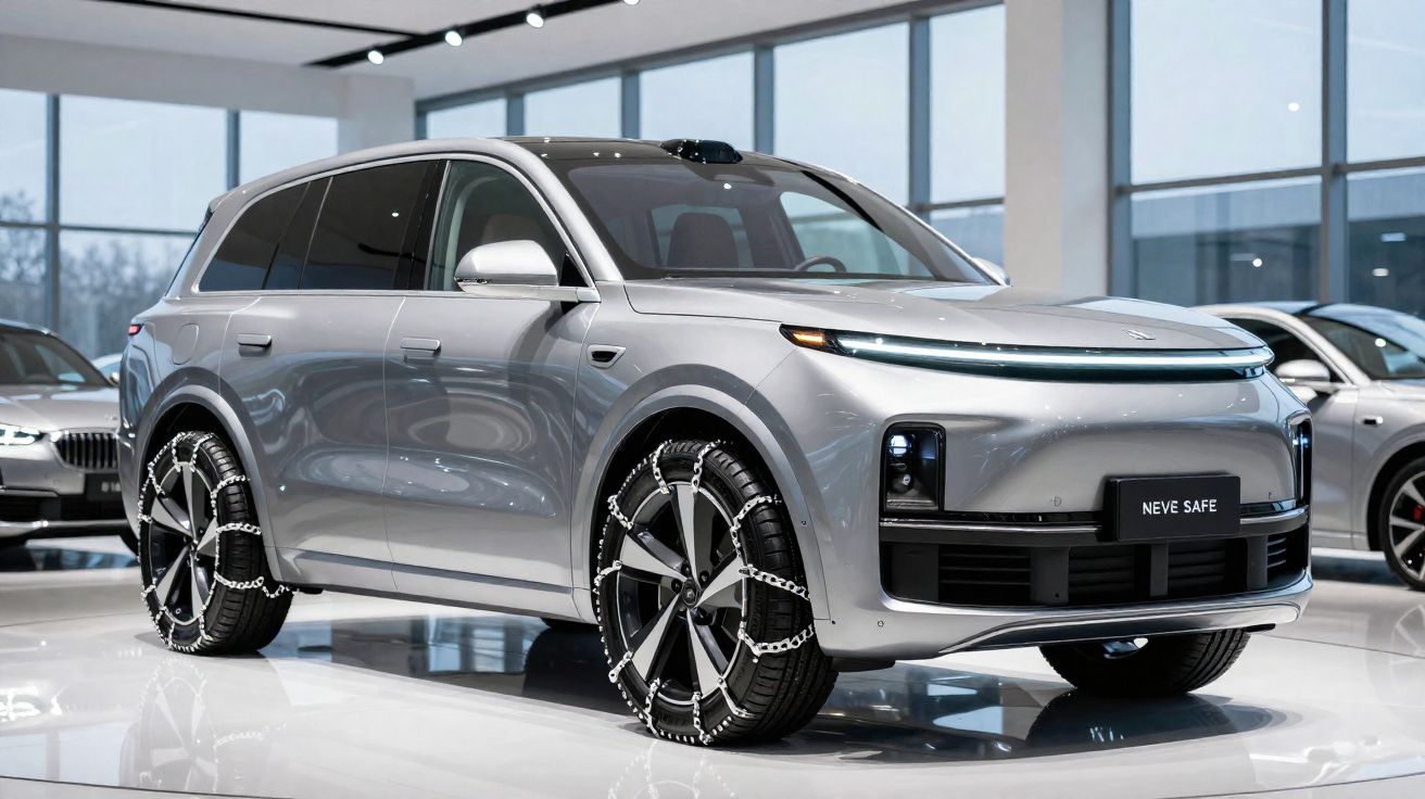 SUV moderno prateado com correntes nos pneus exposto num salão de carros com janelas amplas.