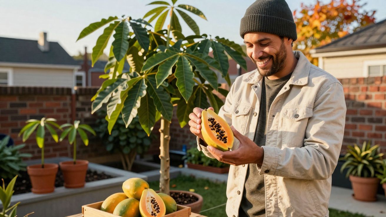 Homem sorridente segura metade de uma papaia num jardim com várias plantas em vasos.