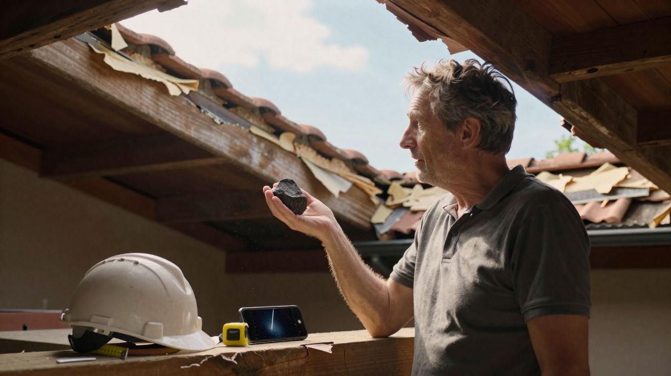 Homem analisa pedaço de material em obra com capacete e telemóvel sobre madeira.