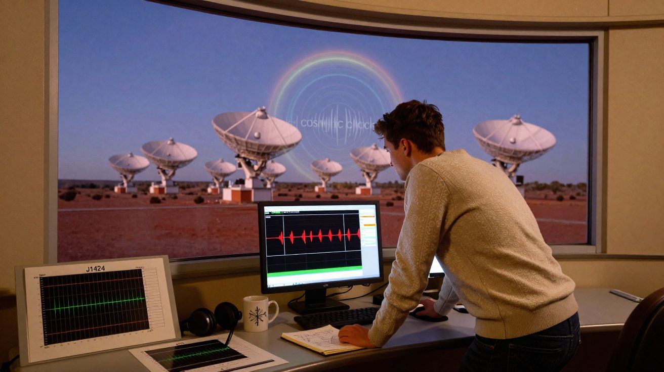 Homem a analisar ondas sonoras em computadores, com antenas parabólicas e símbolo cosmológico ao fundo.