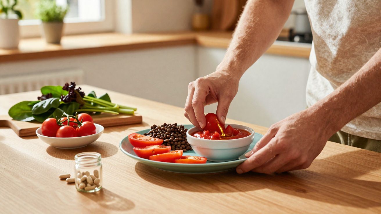 Pessoa a preparar prato com tomate, feijão, folhas verdes e legumes numa cozinha luminosa.