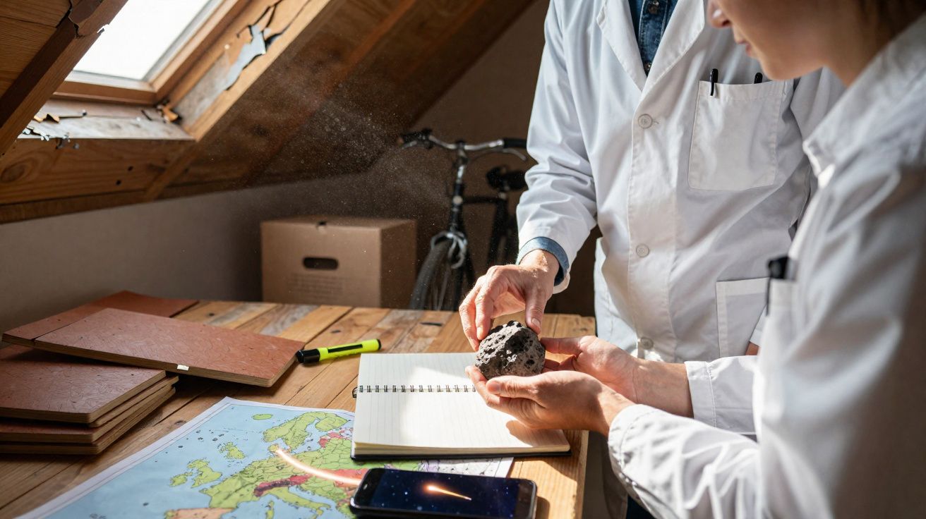 Dois cientistas com batas brancas analisam uma rocha sobre uma mesa com mapa e caderno à luz natural.