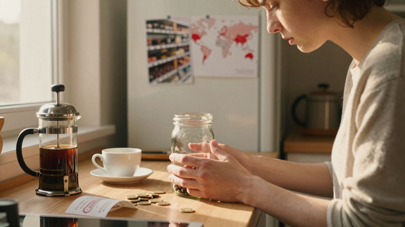 Pessoa a contar moedas ao lado de cafeteira e chávena numa cozinha iluminada.