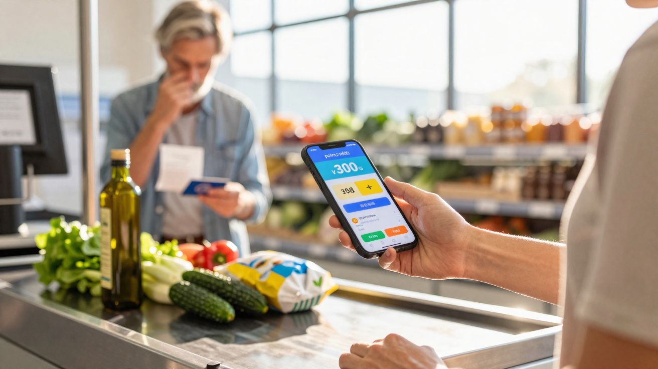 Pessoa a usar telemóvel para pagar compras numa caixa de supermercado com legumes frescos na bancada.
