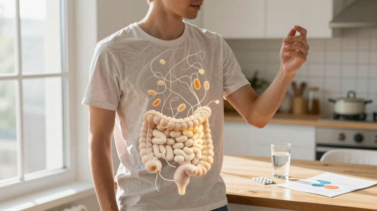 Homem com gráfico digital do intestino e bactérias intestinais sobreposto ao tronco, numa cozinha.