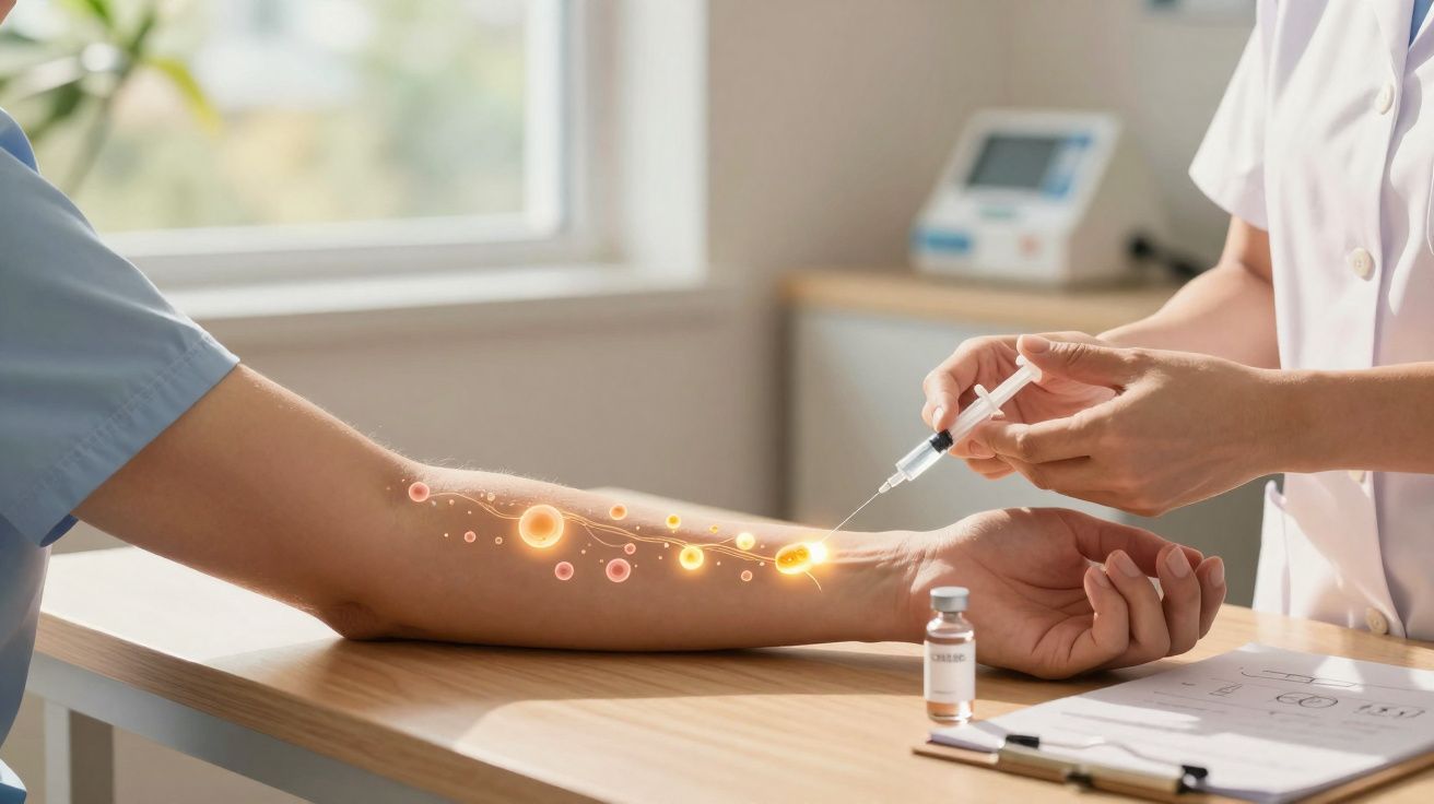 Profissional de saúde a administrar injeção no braço de paciente com ilustração digital de células.