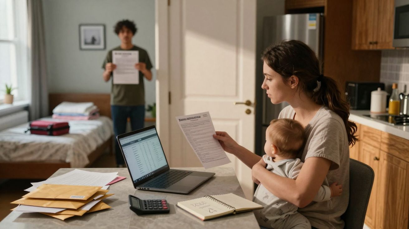 Mulher a trabalhar em casa com bebé no colo, e homem ao fundo a mostrar um papel.