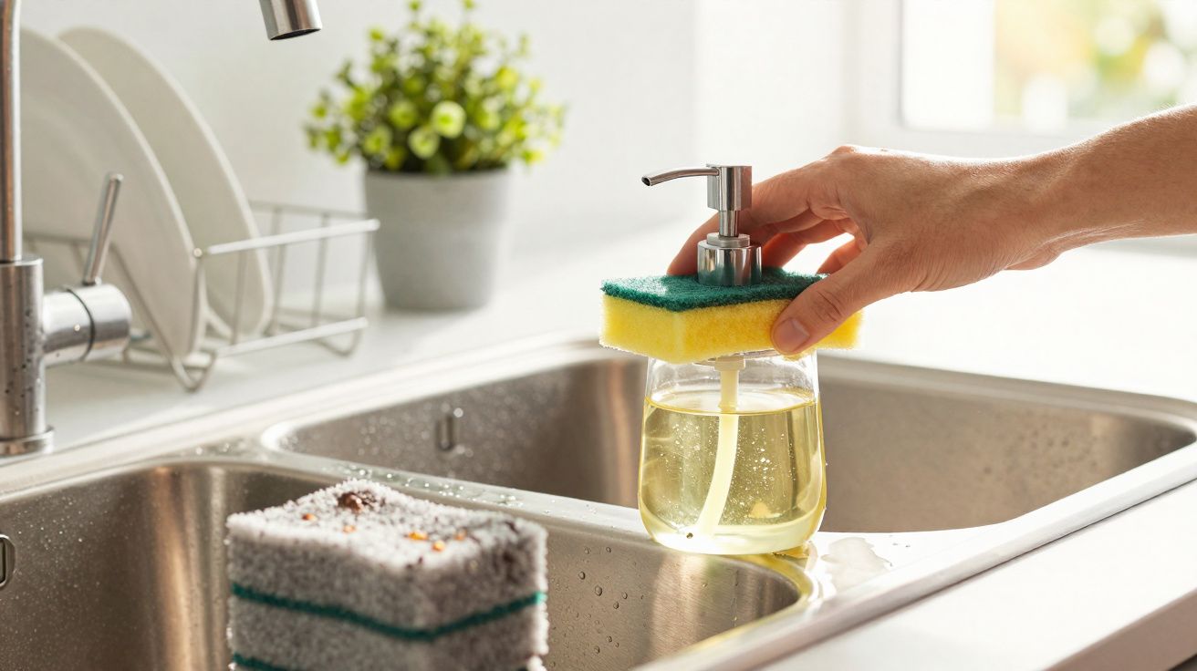 Pessoa a usar doseador de sabão com esponja numa cozinha com pia de inox e pratos ao fundo.