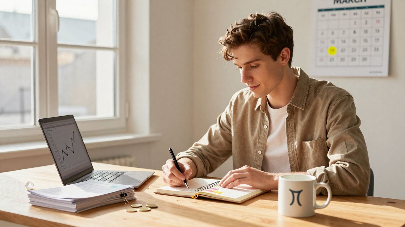 Homem a escrever numa agenda, sentado à mesa com portátil, moedas e caneca, luz natural entra pela janela.