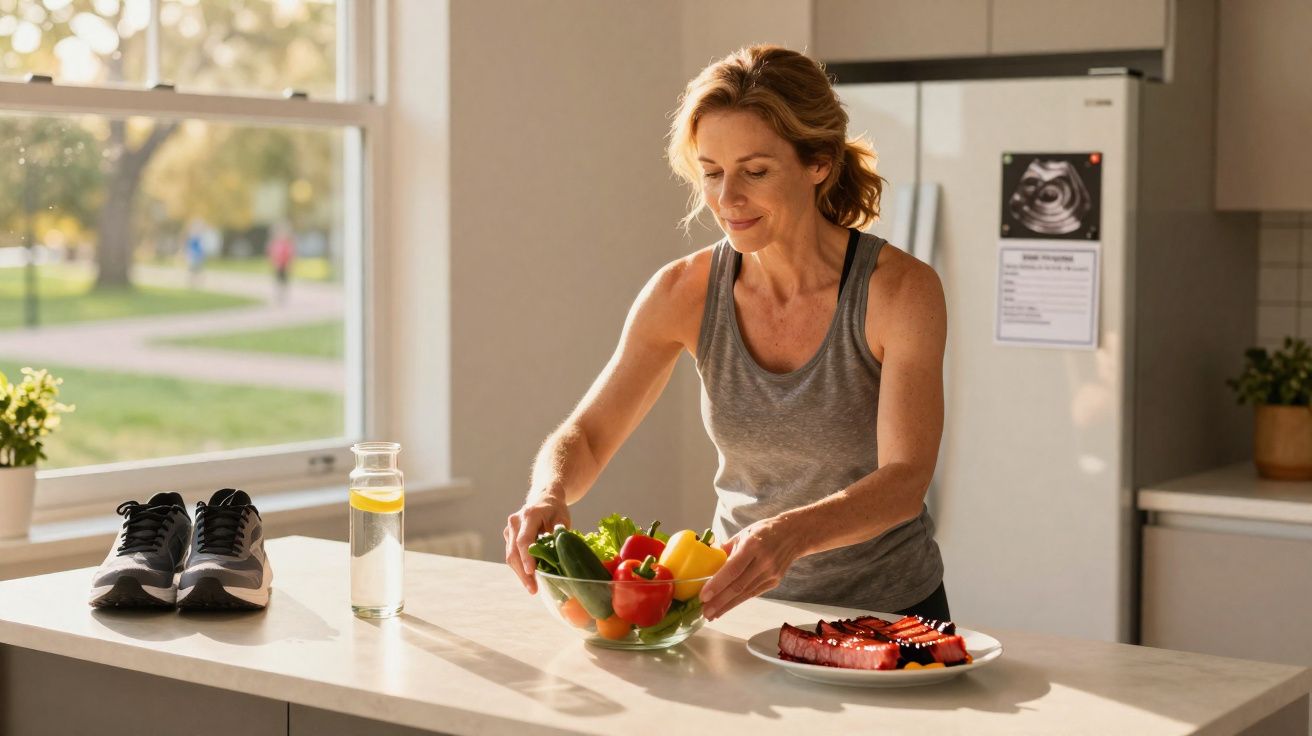 Mulher a organizar vegetais numa taça na cozinha com ténis e garrafa de água ao lado.