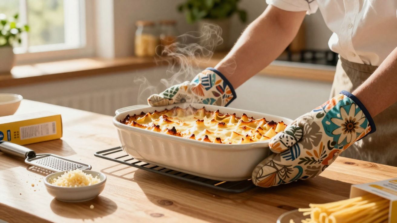 Pessoa a retirar do forno um prato quente de lasanha caseira numa cozinha luminosa.