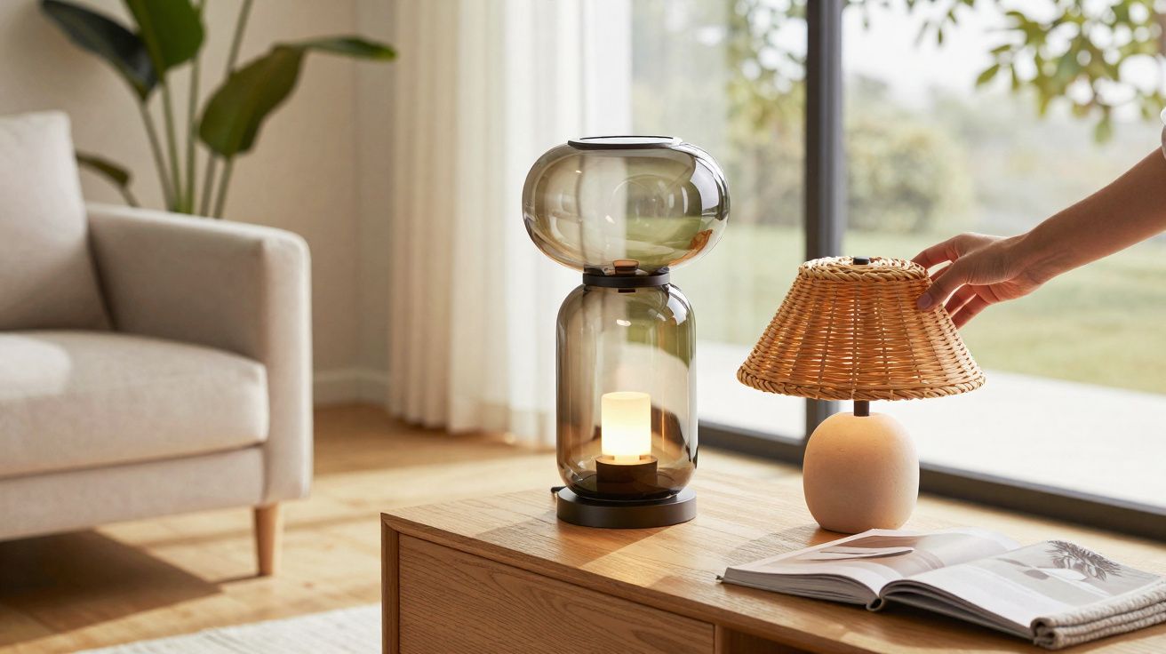 Lâmpadas decorativas sobre mesa de madeira numa sala com sofá, planta e janela grande com vista exterior.