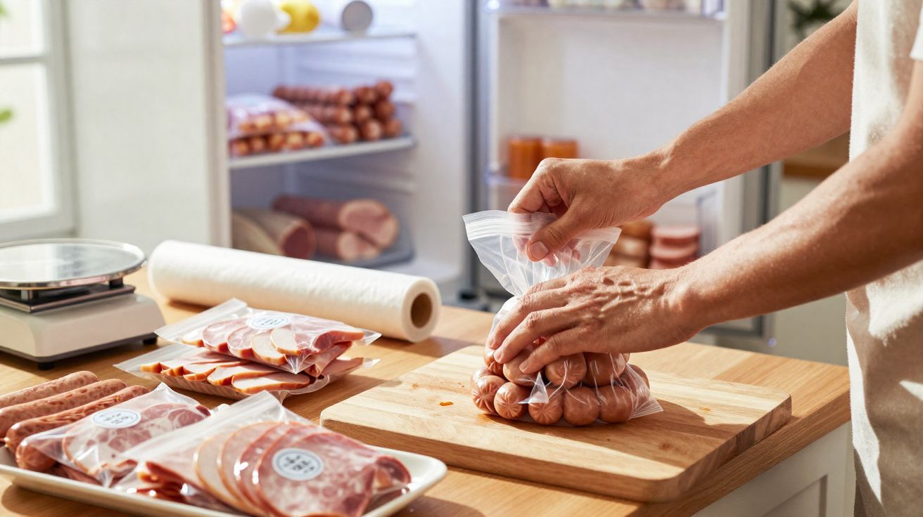 Mãos a colocar salsichas embaladas em saco plástico numa cozinha com enchidos e frigorífico ao fundo.