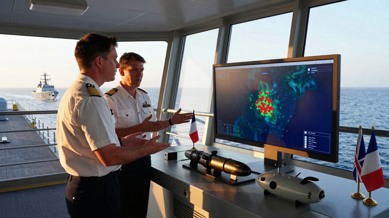 Dois oficiais navais em uniforme observam e discutem um ecrã com mapas marítimos a bordo de um navio.