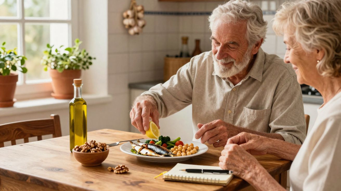 Casal sénior a almoçar peixe com legumes numa mesa de madeira iluminada pela luz natural.