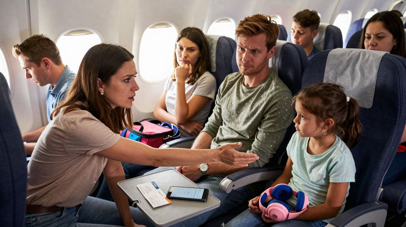 Mulher discute com menina num avião, enquanto passageiros observam preocupados nas filas ao lado.