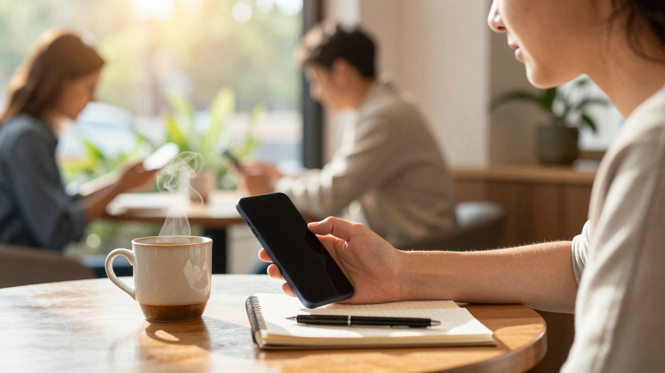 Pessoa sentada numa mesa com telemóvel, caderno e chá quente, com duas pessoas ao fundo numa cafeteria.