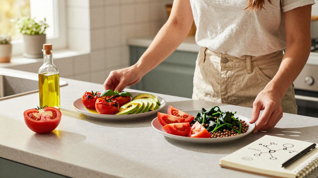 Pessoa a preparar salada com tomate, abacate, legumes e azeite numa cozinha luminosa moderna.