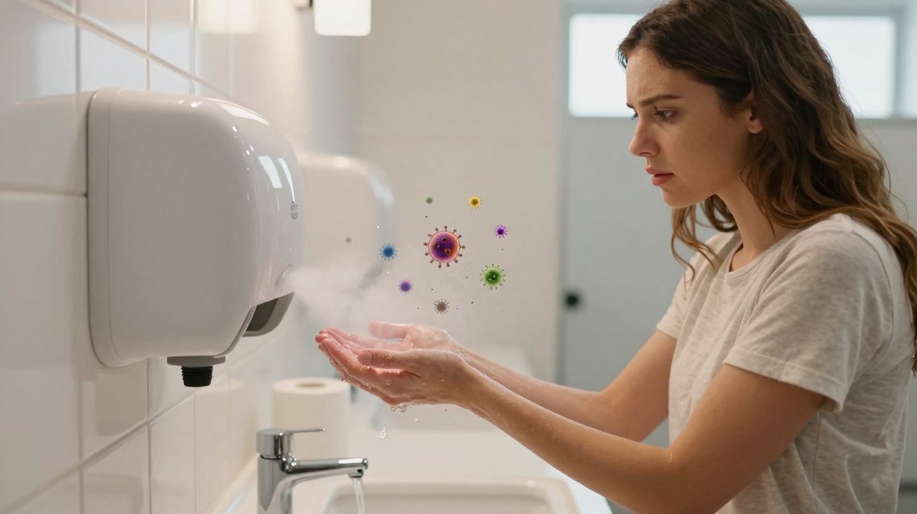 Mulher a secar as mãos na casa de banho com vírus coloridos ilustrados ao redor das mãos.
