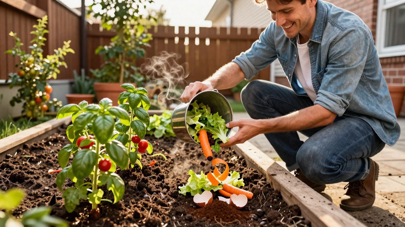 Homem a fertilizar canteiro com restos de comida orgânica numa horta caseira ao ar livre.